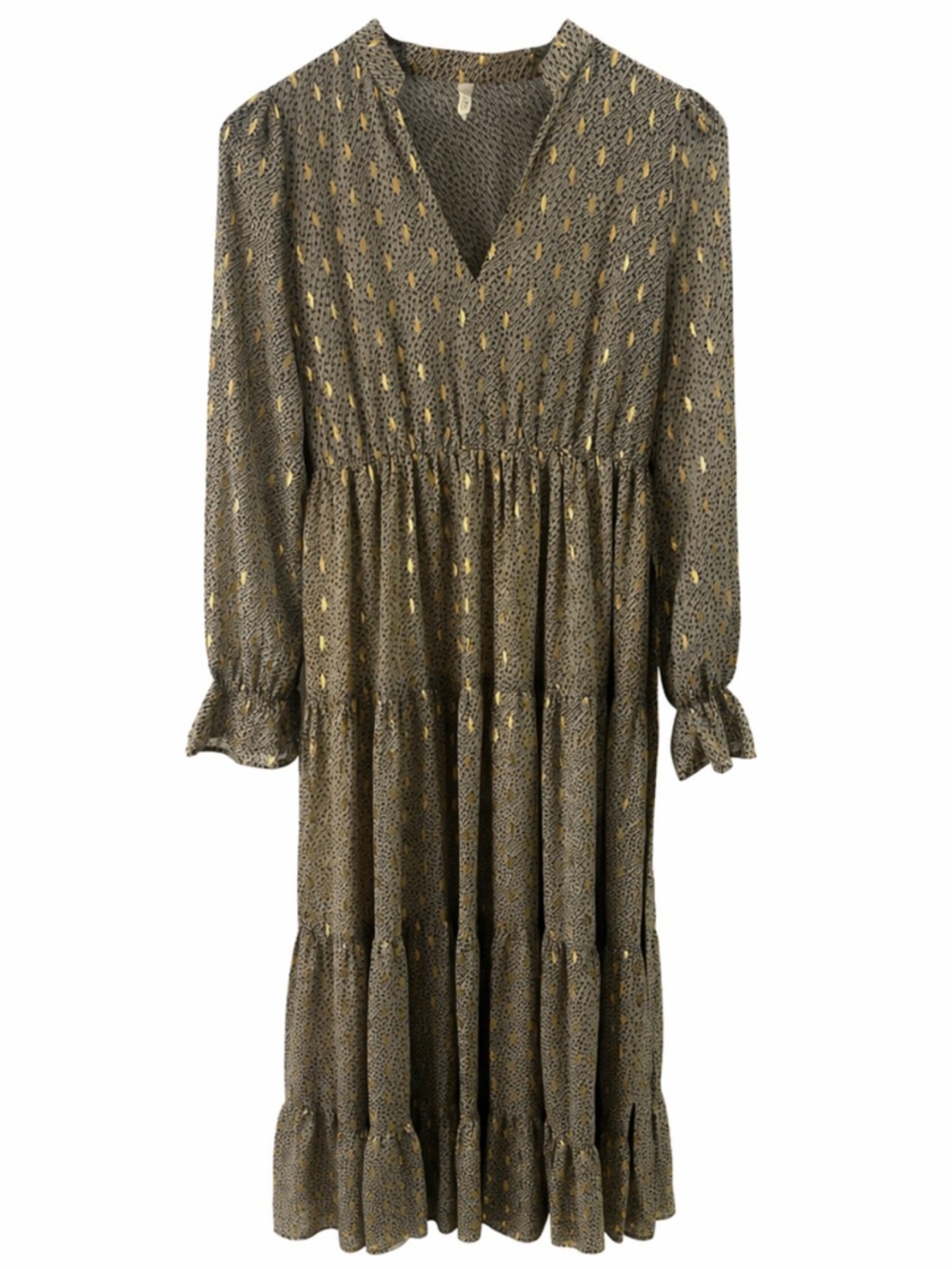 Elan Gold Metallic Boho Midi/Maxi Dress Size Large Tiered Flowy Long Sleeve
